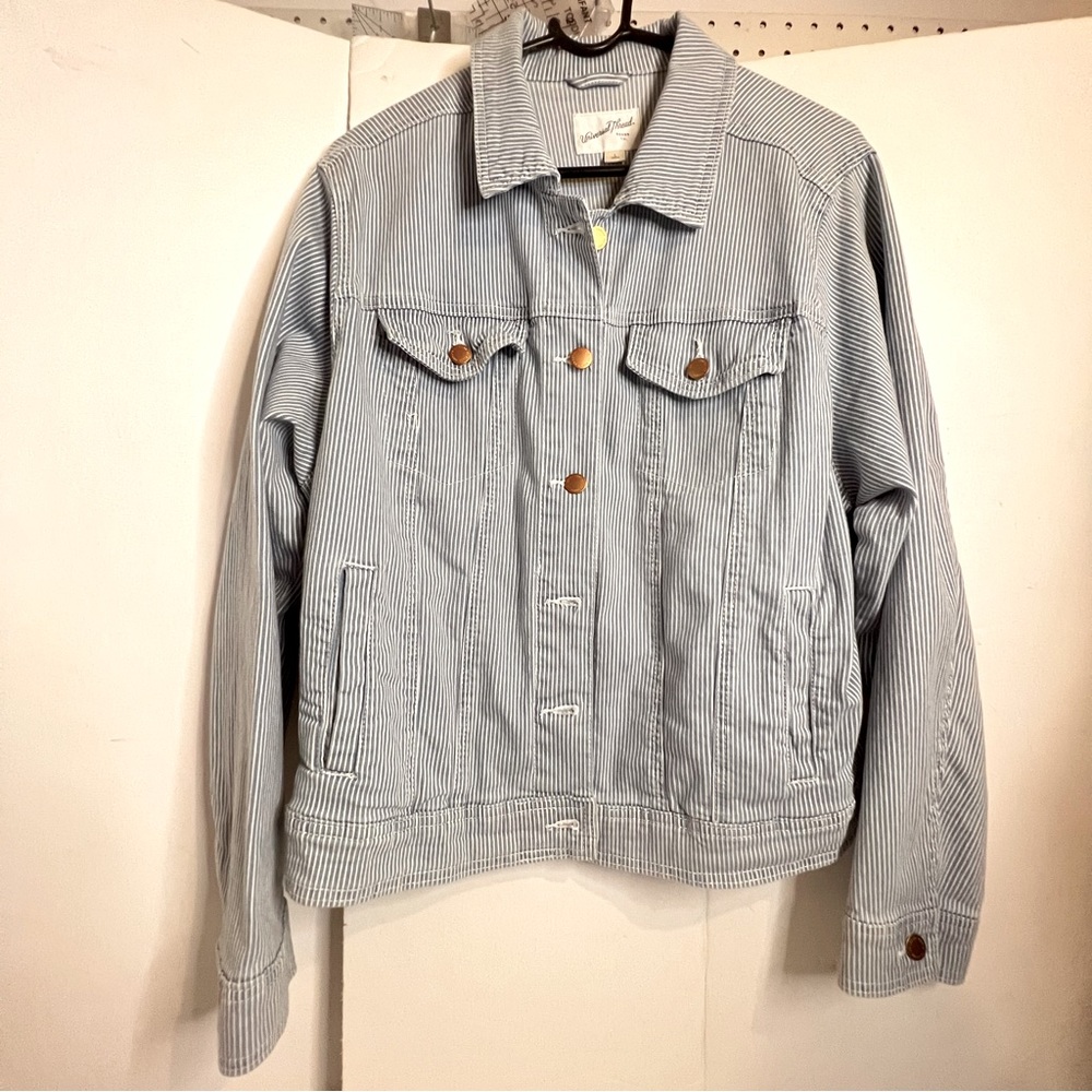 Xmas Sale! Women’s Long Sleeve Denim Jacket, Light Blue Striped, Size Large